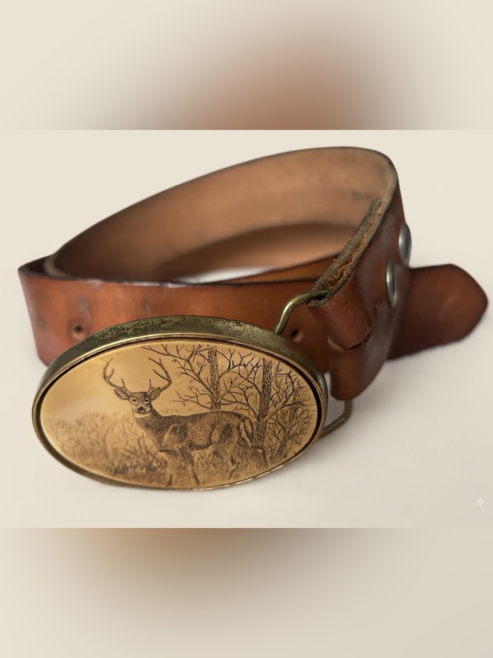 Vintage Men's Barlow Solid Brass Deer Oval Buckle with Genuine Leather Belt